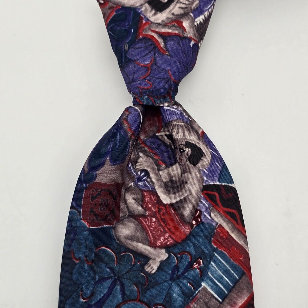 Vintage Italian All Silk Handmade Tie Asian All Over Print Purple Red Blue